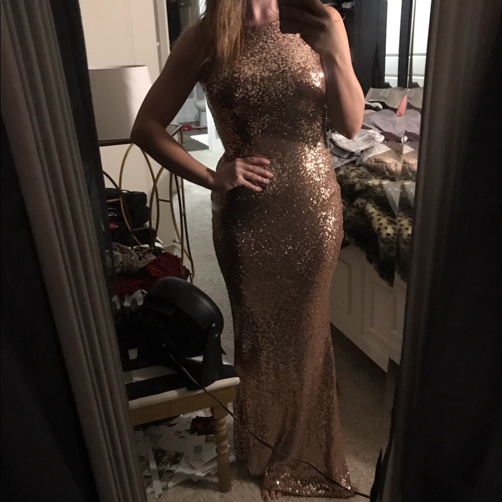 Sequined Rose Gold backless floor length Gown